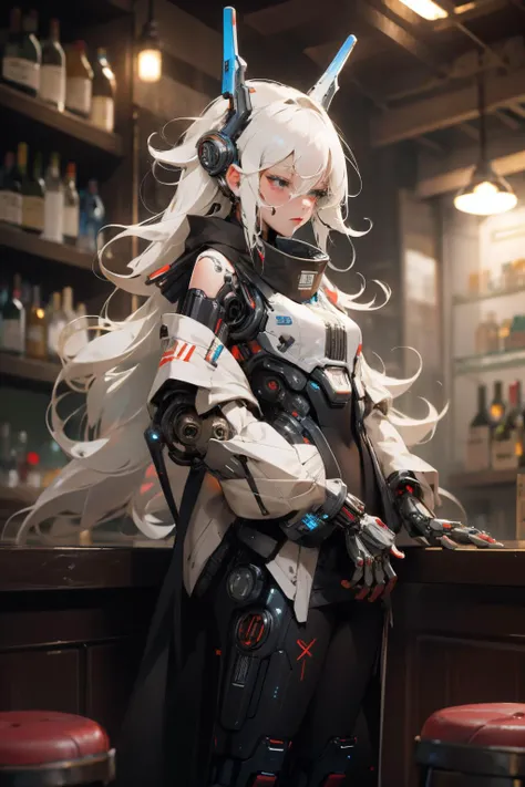 (best quality, masterpiece),1girl,cyberpunk,robotic left arm,sexy,futuristic bar,white hair long,looking away,blurry background, <lora:Niji:1>