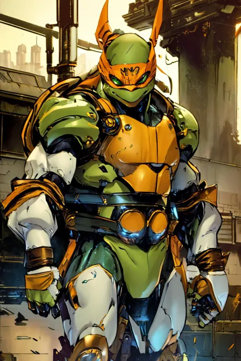 orokintech, scifi, gold,smooth, <lora:TMNTMichelangelo-11:0.8> TMNTMichelangelo, bodysuit,armor,orange bandana mask with eye-holes, holding nunchucks, ninja turtle, green skin, scifi, city street,   <lora:OrokinTech-20:0.8>  <lora:nijiMecha:0.8>, (masterpiece, best quality)