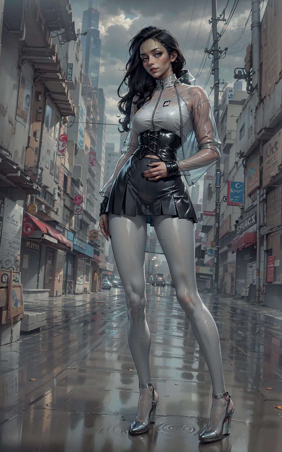 masterpiece, ultra-realistic lights and shadows, 1woman, skinny, hand on waist, ultra-realistic, wet hair, (face: dry, thin lips, beautiful, cute, clear, detailed, squint eyes, looking straight at viewer, suspicious, pale lips), (head is up, chin is up), heavy rain, heavy wind, long eyelashes, natural body proportions, skinny body, thin hips, (thin leggins), perfect body shape, perfect legs, (thin hips), perfect nails, perfect hands, high detailed, 8k, ultra details, very long hair, transparent blouse, ((circle skirt, grey)), corset, (transparent jacket:short), outdoor, autumn, full body, storm, shoes, heels, transparent coat, grey transparent tights with pattern, busy background, glass, cables, street lights, realistic reflections, caustics, megalopolis, <lora:3DMM_V7:0> , <lora:nijiMecha:0.5> <lora:clothesUpdate:0.7>