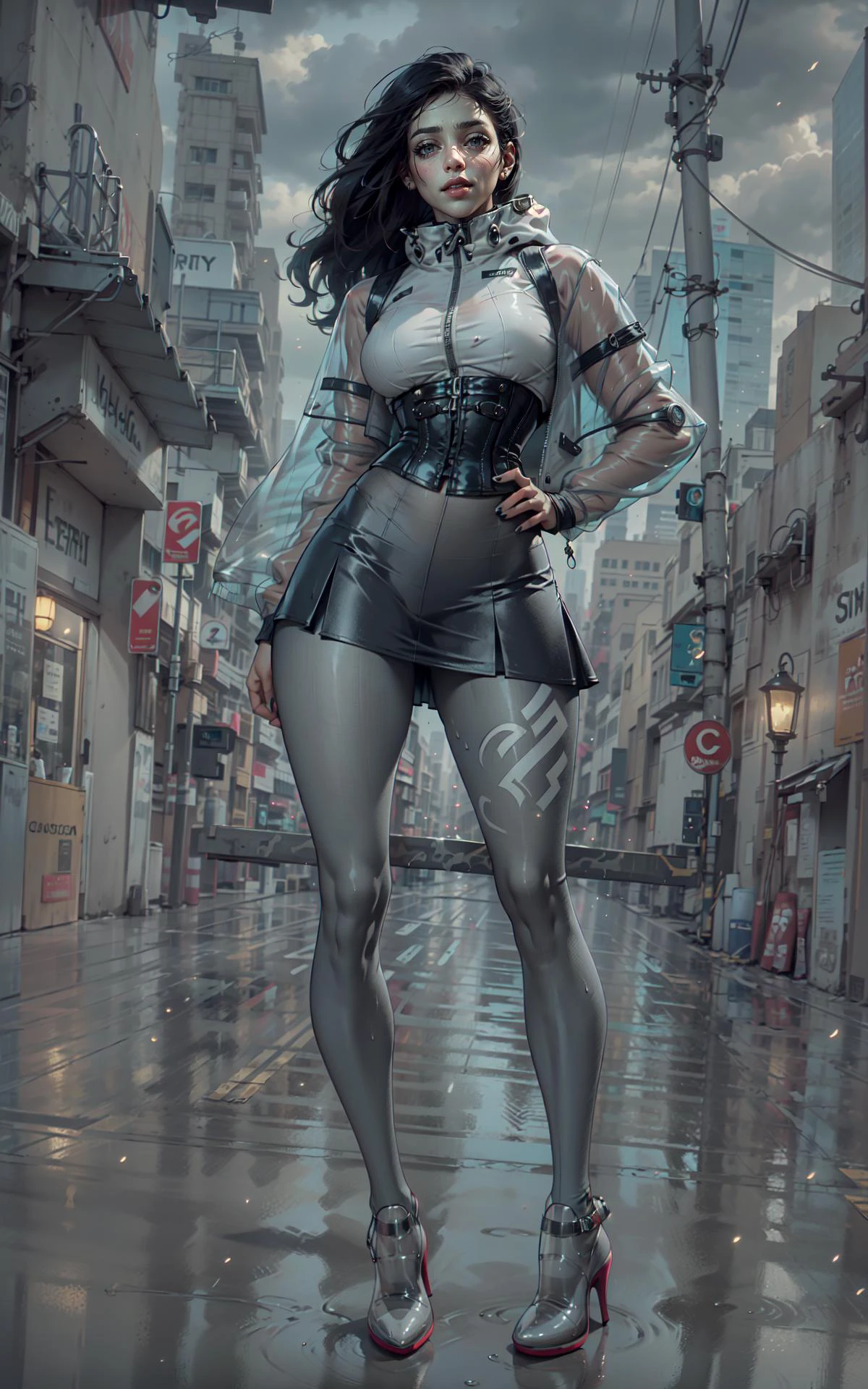 masterpiece, ultra-realistic lights and shadows, 1woman, skinny, hand on waist, ultra-realistic, wet hair, (face: dry, thin lips, beautiful, cute, clear, detailed, squint eyes, looking straight at viewer, suspicious, pale lips), (head is up, chin is up), heavy rain, heavy wind, long eyelashes, natural body proportions, skinny body, thin hips, (thin leggins), perfect body shape, perfect legs, (thin hips), perfect nails, perfect hands, high detailed, 8k, ultra details, long hair, transparent blouse, ((circle skirt, grey)), corset, (transparent jacket:short), outdoor, autumn, full body, storm, shoes, heels, transparent coat, grey transparent tights with pattern, busy background, glass, cables, street lights, realistic reflections, caustics, megalopolis, <lora:3DMM_V7:0> , <lora:nijiMecha:0.5> <lora:clothesUpdate:0.7>