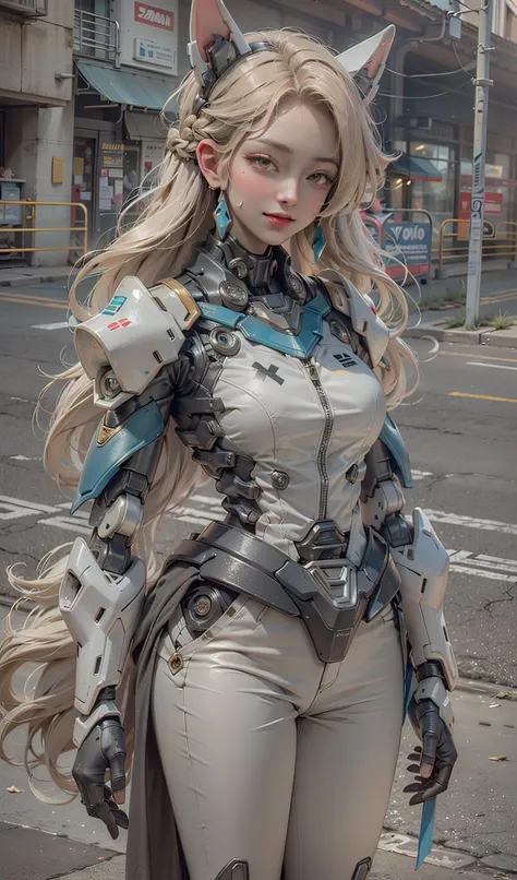 (masterpiece),(best quality:1),(ultra highres:1),wallpaper,detailed illustration,detailed beautiful skin,(natural pose:1.5),(front focus),(street:1.6),(1girl:1.6),solo,(gigantic_breasts:0.67),dewy skin,sweaty skin,masterpiece,best quality,yellow eyes,blonde hair,alternate hairstyle,light smile,hair ornament,animal ears,tall female,slim girl,braidedhair,((very long rainbow hair:1)),(Mecha:1.5),