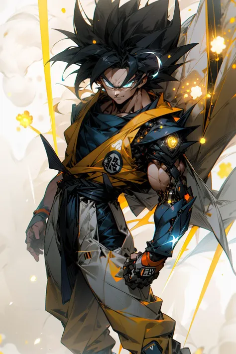 masterpiece, best quality, 1boy, goku, super saiyan goku, ssj goku,training, smiling, angry face, looking to viewer, standing, blonde hair, orange upper, mechanical arms, orange pants, body suit, science fiction, blue belt, blue bangles, dark blue boots,
, (aura power:1.4), boots, night, natural light,standing, yellow rays, angry eyes, blue eyes, smiling, black hair, male focus, strong muscles, movie composition, deth of field, bokeh, (yellow particles:1.4), floating particles, <lora:add_detail:0.5> <lora:nijiMecha:1> <lora:son_goku_offset:1>