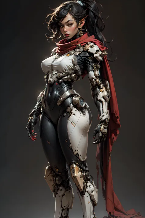 masterpiece, best quality, 1girl, bodysuit, full body, pointy ears, earrings, long hair, black hair, high ponytail, blunt bangs, mechanical arms, huge breasts, red scarf, science fiction, solo, standing, simple background <lora:nijiMecha:1>