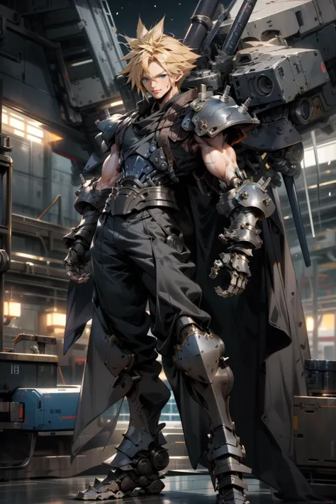 masterpiece, best quality, anime style, 1boy, cloud strife , night,  looking at viewer, power, (standing:1.4), (full body:1.4), smiling, fight pose, male focus, muscles, shirtless, movie composition, depth of field, bokeh  <lora:add_detail:0.5>  <lora:nijiMecha:0.8> (mechanical arms:1.4), (armor:1.4), (science fiction:1.4), mechanic, anime coloring,   <lora:cloudstrife-nvwls-v1-final:1>