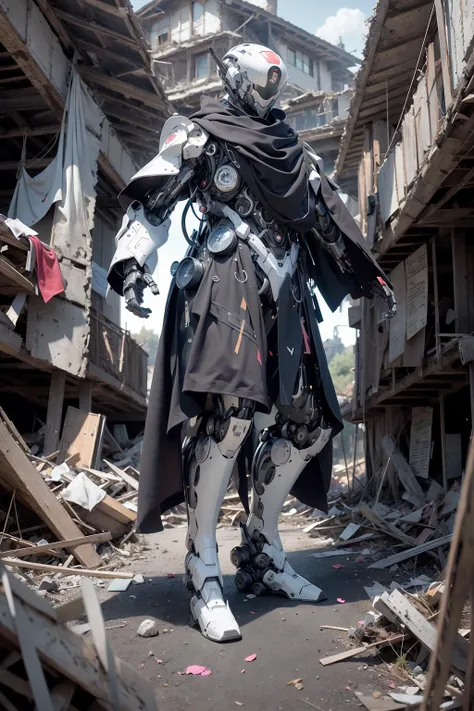 dark clouds, realistic, complex 3d render ultra detailed, best quality, masterpiece, ultra high res, cowboy shot, (photorealistic:1.4), raw photo, official art, Complex background, absurdres, vague, Atmospheric, dynamic angle, robot, solo, (close up, face focus:1.2), ((upper body)), from front, face front, pink hair, (red eyes:1.2), futobot, giant mecha, robot, armor, mechanical arms, science fiction, no humans, (Wearing a tattered cloak), standing on the ruins of the old square after the radiation war, there are damaged buildings everywhere, smoke of gunpowder, war, <lora:nijiMecha:0.6> <lora:Futuristicbot4:0.75>