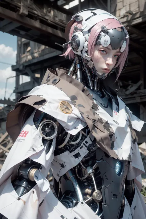 dark clouds, realistic, complex 3d render ultra detailed, best quality, masterpiece, ultra high res, cowboy shot, (photorealistic:1.4), raw photo, official art, Complex background, absurdres, vague, Atmospheric, dynamic angle, robot, (close up, face focus:1.2), ((upper body)), pink hair, (red eyes:1.2), futobot, giant mecha, robot, armor, mechanical arms, science fiction, no humans, (Wearing a tattered cloak), standing on the ruins of the old square after the radiation war, there are damaged buildings everywhere, smoke of gunpowder, war, <lora:nijiMecha:0.6> <lora:Futuristicbot4:0.8>