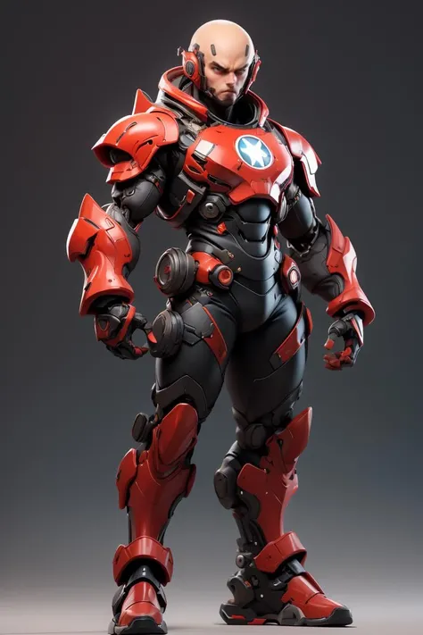 masterpiece, best quality, 1boy, red and black armor, red and black bodysuit, full body , bald, mechanical arms, male focus, science fiction, solo, standing, simple background <lora:Niji:0.6>