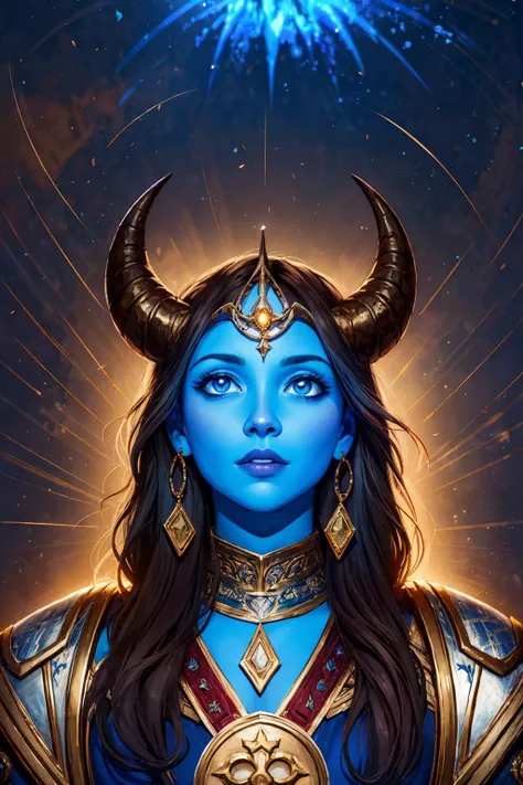 best quality, masterpiece,
<lora:char_sxzDraeneiWarcraft_sxzDraenei:0.8> 1girl, adult shedrn, horns, dark brown hair, blue skin, glowing light blue eyes,
(style-swirlmagic:0.8), portrait, looking down, solo, (full body:0.6), detailed background, detailed face, holy oracle, gentle expression, religious armor,  circlet,   symmetrical composition, cathedral,  divine light,  religious icons, incense,   floating particles, sacred texts, embroidery,     petals, majestic atmosphere, medieval high fantasy style,   holy fire, updraft,