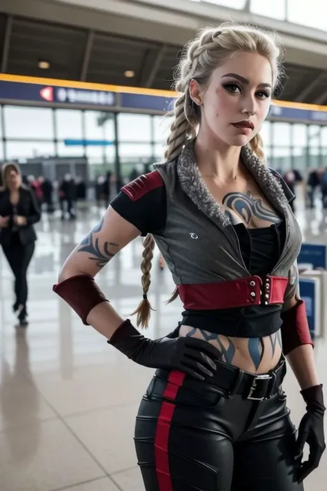 masterpiece, best quality, commandantsteele, 1girl, ((slender body, brest)), ((self-confident, brave, seductive, sexy)), solo, looking at viewer, tattoo, makeup, braid, gloves, pants, jacket, midriff, toned, airport, outdoor, airport background, portrait