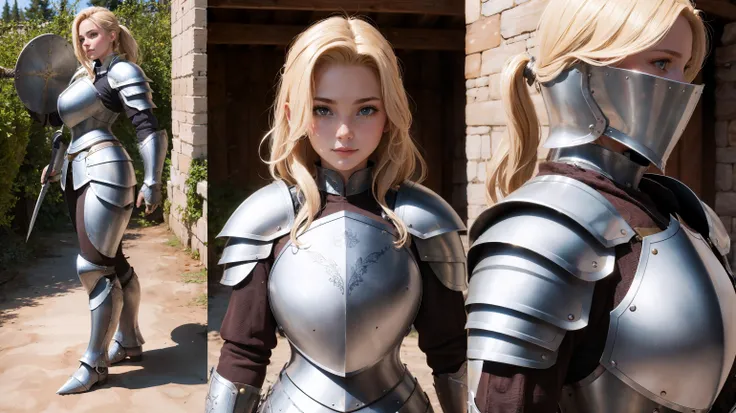 best quality, masterpiece, character sheet, girl, knight, plate armor, (large:1.4) tower shield