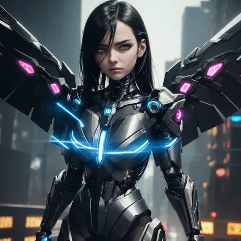 (8k), highly detailed face,masterpiece, pretty girl, gigantic black cyborg wings, wings have neon lights, wings spread,, in tight metal armor, metal belt, electronic armor elements, 20yo, skin below suit has glowing lines, shoulder length black hair, one cyborg eye, standing upright, serious expression, cinematic lighting, burning cyberpunk city in the distance, flat chest