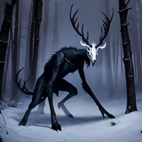<lora:Wendigo_v01:0.8> masterpiece, hires, 4k, detailed, ((close up)), wendigo standing in a forest, detailed face, snowy, night, trees, running, dark, ominous, bloody