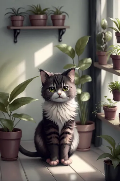 concept art, Cu73Cre4ture, <lora:CuteCreatures:1>, cat, houseplants,