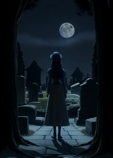 Black girl, long red dress, graveyard, graves, crosses, night (pixar style) (masterpiece:1.2) (bokeh) (best quality) (detailed skin) (detailed texture) (8k) (claymation) (cinematic lighting) (sharp focus