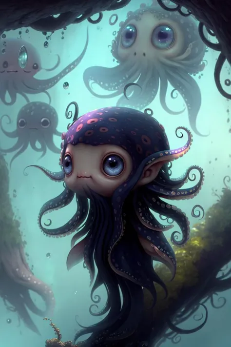 concept art, Cu73Cre4ture, <lora:CuteCreatures:1>, octopus, fantasy clothes,