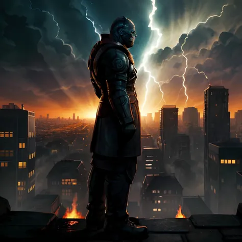 illustration, masterpiece, ultradetailed, hires, 8k, nemesis lurking, hunched, profile view, burning city in background, destroyed city, evening, cloudy, lightning, <lora:Nemesis:0.8>