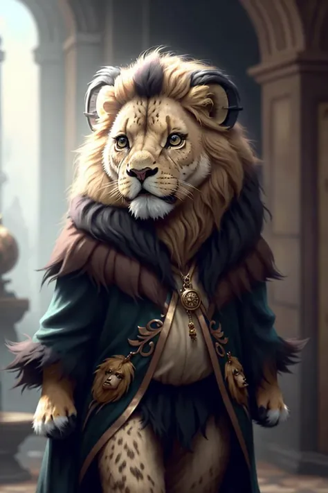 concept art, Cu73Cre4ture, <lora:CuteCreatures:1>, lion, fantasy clothes,