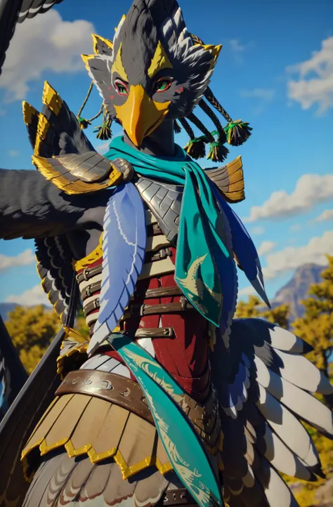 masterpiece, best quality, revali, anthro, avian bird, beak, ((winged-arms)), detailed, masterpiece, forest background, blue sky , green eyes, bird tail, armor, feathered wings, claws, tail, blue, feathers, looking at viewer, cowboy shot, upper body