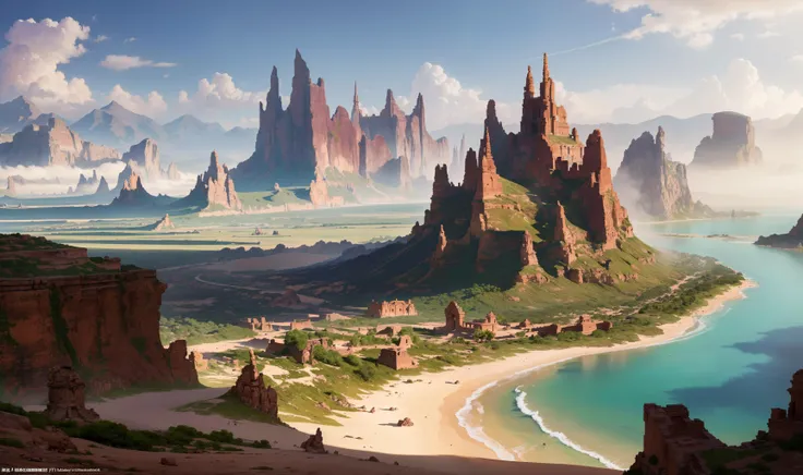 8k, masterpiece, matte painting concept art, a (lush oasis:1.2) with clear green water in a red sand desert, a sandstorm incoming and a few rocks in the foreground and a few mountains in the background, a detailed matte painting, fantasy art