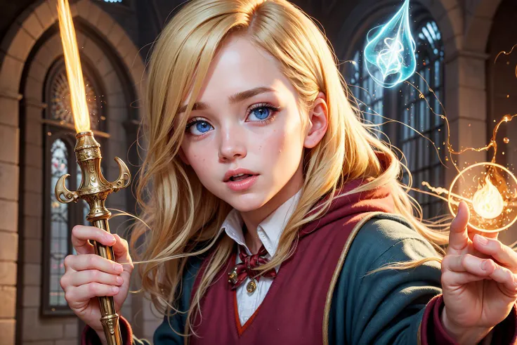 RUSSIAN CHILD GIRL WITH , WITH LONG STRAIGHT BLONDE HAIR WITH BRAIDS, PORTRAIT STYLE, A closeup, RED BACKGROUND, holding two illuminated swords, wallpaper cal kestis lightsaber, holding a blue lightsaber, holding a lightsaber activated, with lightsaber sword, jedi with lightsaber, holding laser swords, Holding 4K lightsaber, blue lightsaber, Jedi knight, with lightsaber, Star Wars character, holding a lightsaber