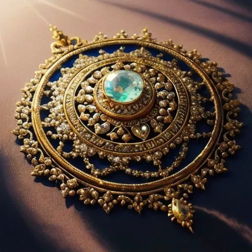 A detailed stunning piece of antique jewelry, refracted light beautifully enhances the color, jewelry is gently yet majestically placed on a layered piece of dark fabric, extreme shadows, extreme light sources