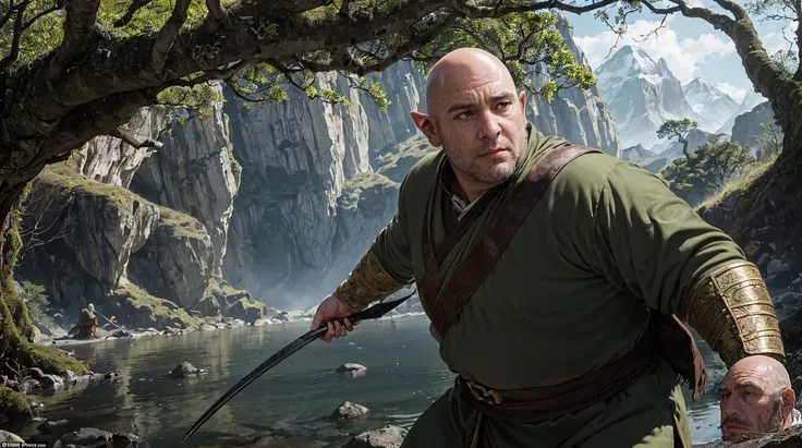 Action scene, dynamic pose, firm stance, combat stance,
Focus on (middle earth, Cleric Healing the wounded with a touch, Maverick, Tall, Obese, Round Face, Olive Skin, White Hair, aquamarine Eyes, Narrow Nose, Thin Lips, Round Chin, Extended Goatee, Bald, Curly, A dark, foreboding swamp, filled with twisted, gnarled trees and dangerous creatures, Tolkien) fighting (Mummy),
In a towering mountain fortress, home to a clan of warrior monks,