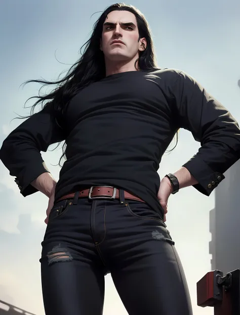 [tall_man:peter_steele:0.3] ((extreme detail)),(ultra-detailed), looking at viewer menacing \(jojo\), extremely detailed CG unreal 8k wallpaper, best quality, black torn jeans,  long salty hair, hand on hip, from below, cowboy shot, <lora:peterSteele_v10:0.7>