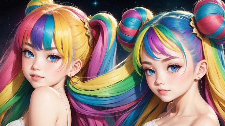 with a pure white background，Colorful hair，length hair，Colorful braided hair，A girl with，solo，Look at the lens at the highest quality，Light blue eyes，（（Strands of hair）），鎖骨，Loose shirt，Sweet cool，cuteexpression，Cute earrings，（（with rainbow colored background）），Highest image quality，8k，Frontal lighting，orange cat，Muppet cat