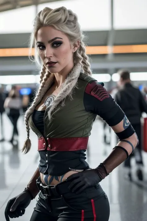 masterpiece, best quality, commandantsteele, 1girl, ((slender body, brest)), ((self-confident, brave, seductive, sexy)), solo, looking at viewer, tattoo, makeup, braid, gloves, pants, jacket, midriff, toned, airport, outdoor, airport background, portrait