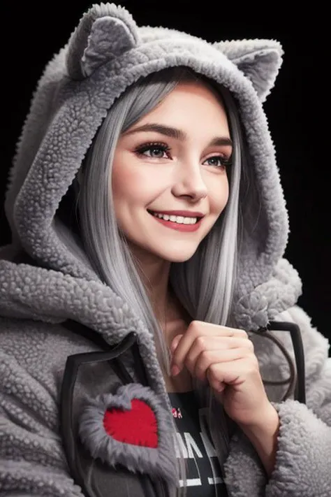 Face of smiling grey hair young woman grey eyes, dark background, fuzzy jacket, a fabric red heart on her shirt, open coat, animal hood,