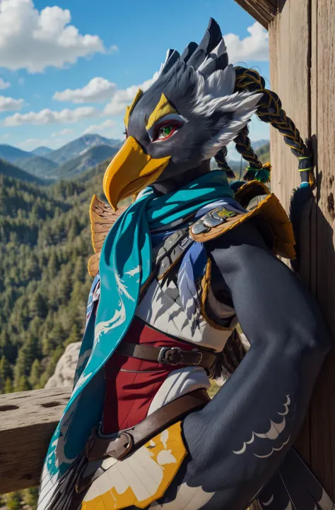 masterpiece, best quality, revali, anthro, avian bird, beak, ((winged-arms)), detailed, masterpiece, forest background, blue sky , green eyes, bird tail, armor, feathered wings, claws, tail, blue, feathers, looking at viewer, cowboy shot, upper body