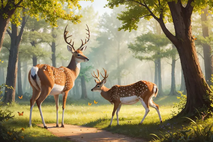best quality, masterpiece, deer on a forest clearing, birds, butterflies