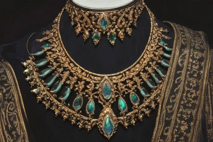 A detailed stunning piece of antique jewelry, refracted light beautifully enhances the color, jewelry is gently yet majestically placed on a layered piece of dark fabric, extreme shadows, extreme light sources