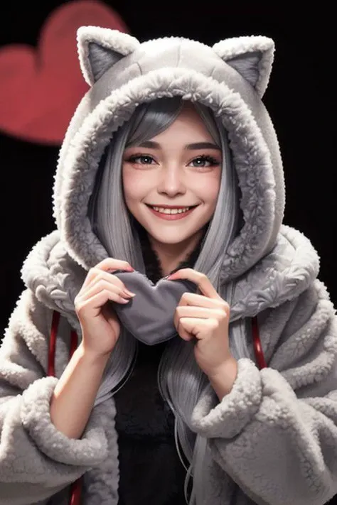 Face of smiling grey hair young woman grey eyes, dark background, fuzzy jacket, girl holding a fabric red heart, open coat, animal hood,