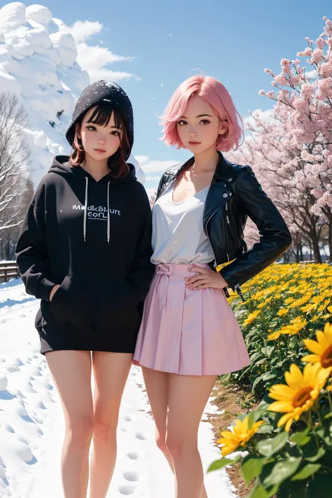 (best quality, masterpiece:1.2), (2girls:1.2), outdoor, fields, trees, (sky, clouds)
ADDCOMM
(1girl), red hair, long hair, hoodie, hood up, hands in pockets, long hoodie (windy, winter, snow:1.4)
BREAK
(1girl), short hair, pink hair, leather jacket, short skirt, (hands on hips), (sunny, summer flowers:1.4)
