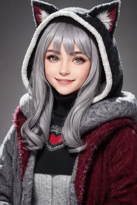 Face of smiling grey hair young woman grey eyes, dark background, fuzzy jacket, girl holding a fabric red heart, open coat, animal hood,