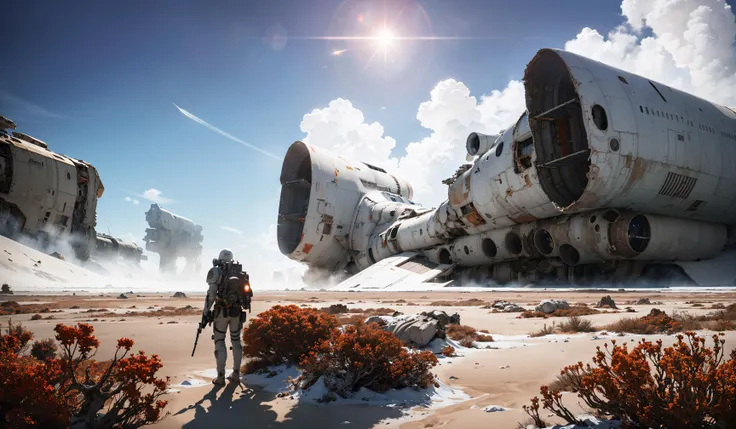 8k, RAW photo, very detailed, realistic, a bleak lush white desert with red scarlet vegetation, a (distant giant derelict starship wreckage:1.1), scarlet bushes, large mesa, fantasy art, sci-fi, harsh sunlight, contrasted, rendered in octane, unreal engine, trending on cgsociety, lens flare, bloom, bokeh, depth of field, dust on lens