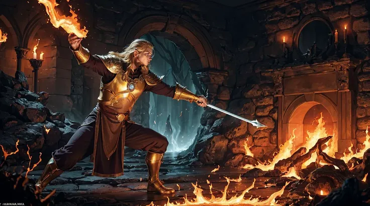 Action scene, dynamic pose, firm stance, combat stance, 
Focus on (Hobbit Inspiring their allies with rousing music, Master, Tall, In Shape, Diamond-Shaped Face, Fair Skin, Golden Blonde Hair, yellow Eyes, Long Nose, Full Lips, Sharp Chin, Circle Beard, Very Long, Side Part, A volcanic wasteland, with rivers of fire flowing into a molten sea) fighting (Drow),
In a haunted mansion on a hill, where every room holds a ghostly secret,