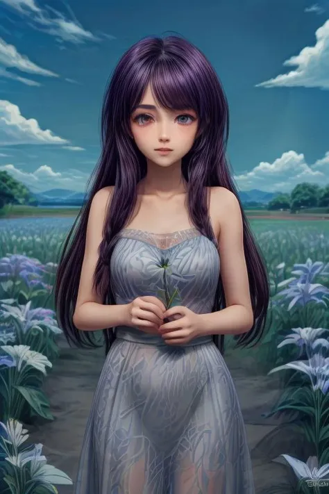 elaina \(majo no tabitabi\), long hair, white hair,braid hair, ahoge, azure eyes, (purple lycoris, purple spider lily,lycoris field:1.2), flowers, blue green horizon sky