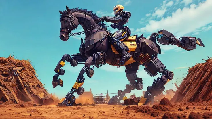 galloping horse robot, with a metallic head, earthy ground, mud,
<lora:ConstructionyardAI_v2:1.0> constructionyardai
(perspective view:1.2), (dynamic pose:1.1)