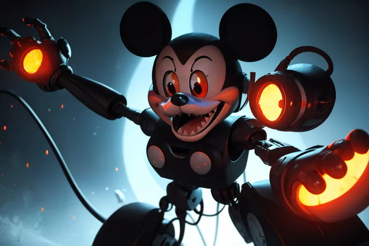 masterpiece, best quality, (realistic, highly detailed), mickey mouse robot with sharp teeth and glowing red eyes