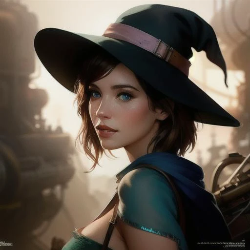 Style-RustMagic, award winning character concept art of, a cute mechanical witch, light brown hair, blue eyes, pink and white dress, blurry_background, breasts, smile, cleavage, witch hat, natural lighting, large_breasts, lips, short hair, looking_at_viewer, solo, from side, highly detailed 8k character concept portrait studio lighting by Annie Leibovitz and Steve McCurry octane render trending on artstation made in Maya 4K high quality digital painting dramatic lighting , <lora:torino_aqua:1>