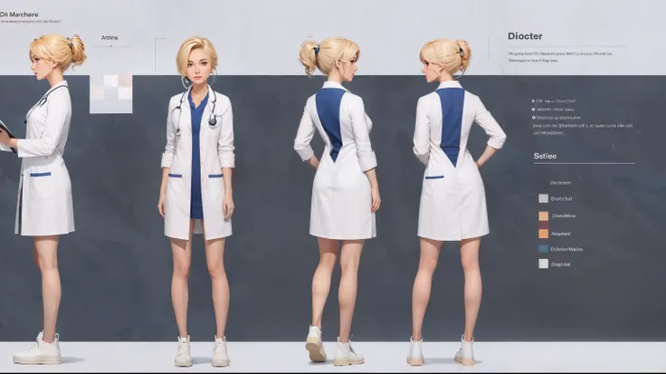 best quality, masterpiece, character sheet, female doctor, white lab coat, stethoscope