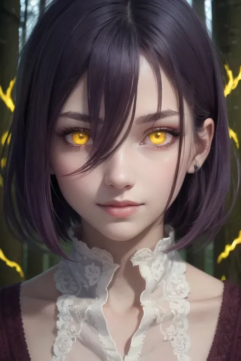 beautiful, (masterpiece:1.4), (best quality:1.2), perfect eyes, (1girl), yellow eyes, (glowing eyes:1.3), slit pupils, (detailed lips), burning forest, violet hair, short hair, smile, white legwear, face focus, portrait