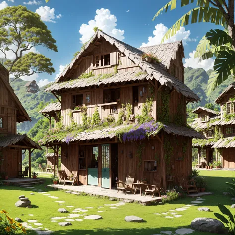 ecopunk house, architecture, paradise, flowers, verdant, tropical, stone, wood, technology, idyllic, absurdres, best quality, digital illustration