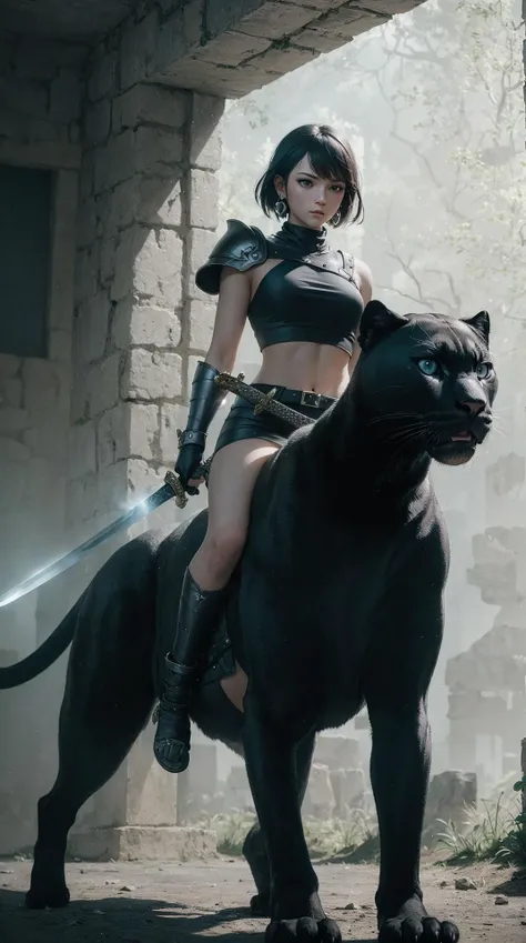 1girl, solo, (sword on back:1.331), looking afar, shoulder ring, head tilt, blunt bangs, black short hair, purple eyes, gem earrings, black helmet, impossible clothes, shoulder armor, crop top, skirt, oval face, conscientious,
simple background, monochrome background, (ridding, ridding a panther, panther:1.2), 
ancient, warrior \(final fantasy\),  , portrait, dramatic, complex 3d render, WOLP, (masterpiece:1,2), best quality, masterpiece, highres, original, extremely detailed wallpaper, perfect lighting,(extremely detailed CG:1.2), nature lighting,