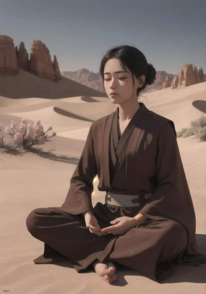 (Jedi meditation:1.3), serene photo,1girl, Jedi master in deep meditation,  in jedioutfit, sitting cross-legged,  (desert oasis:1.1), surrounded by blooming desert flowers, harmonizing with the Force, spiritual retreat, transcendent tranquility, desert enlightenment,  Absurdres, hdr, ultra detailed illustration, extremely detailed face, RAW photo, film grain, skin pores, trending on deviantart <lora:jedioutfit:1> <lora:epiNoiseoffset_v2:1>