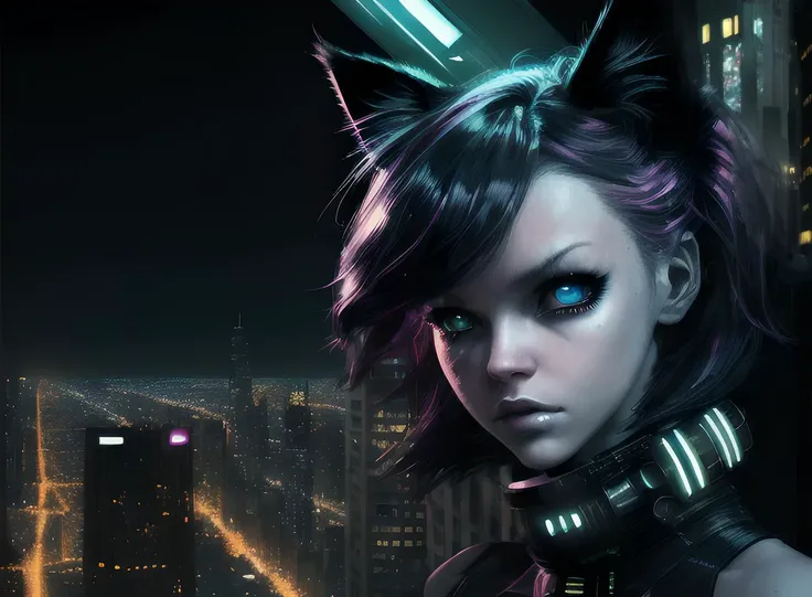 award winning sci-fi art, attention to detail,  saturated, high contrast, city at night, [cat:girl:11],  on roof of skyscraper, cat ears, closeup, vigilant, punk looking, glint in eyes