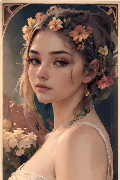 highres, masterpiece, perfect lighting, bloom, cinematic lighting, adult, perfect skin, female, looking at viewer, portrait,<lora:Madelyn Cline:0.7>,  alphonse mucha, <lora:mucha:0.4>