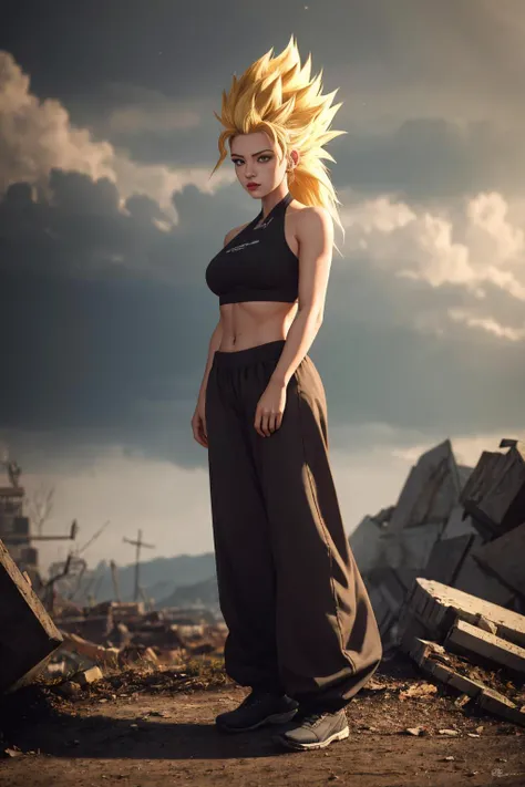 (realistic:1.2), (realism), (masterpiece:1.2), (best quality), (ultra detailed), (8k, 4k, intricate),(full-body-shot:1), (85mm),light particles, lighting, (highly detailed:1.2),(detailed face:1.2), gorgeous goddess, make up, perfect face, perfect lighting, 1girl, super saiyan, <lora:SuperSaiyanHair:0.7>, petite, blonde hair, (super saiyan), spiked hair, (long hair), death stare, serious look, halter top, baggy pants, petite, fit, medium breast, (glistening skin), shiny skin, sweaty, wind blowing upwards, yellow power aura, green pupils, rubble ground background, broken ground, (exquisitely detailed skin:1.3), cinematic light, rim lighting, ultra high res, best shadow, delicate, octane, unreal engine, <lora:fitgirl_v10:0.5>